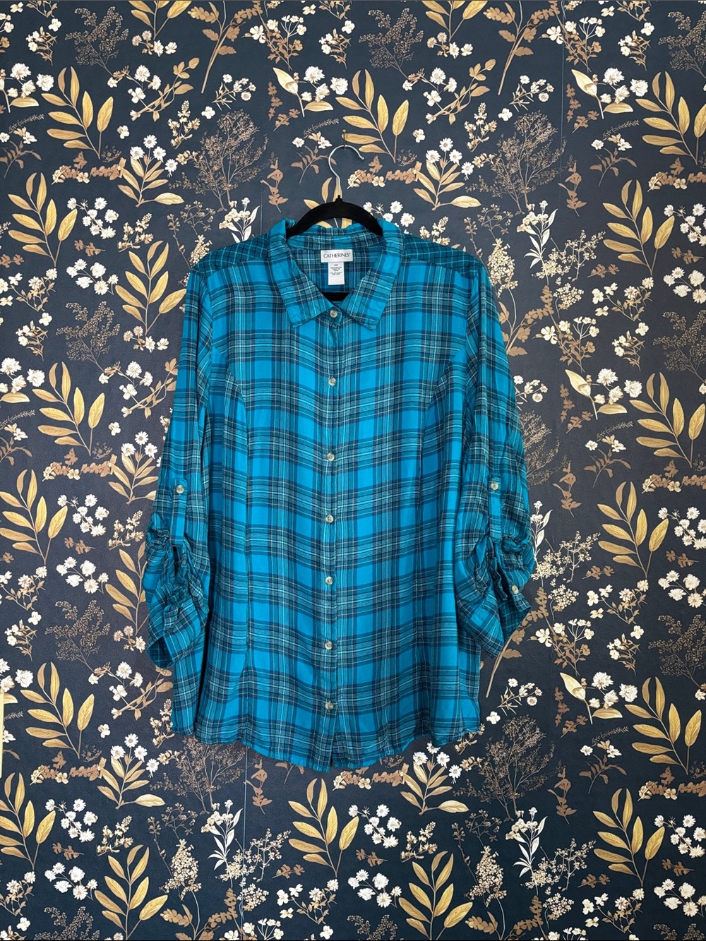 Catherines Teal and Navy Plaid Button-Up Shirt Size 2X